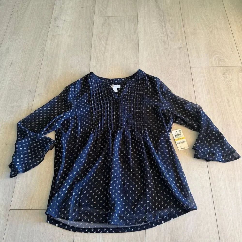 Charter Club Women blue&white polka dots, v-neck 3/4 sleeve blouse sz mP
